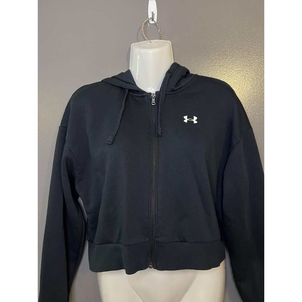 Under Armour Hoodie Womens Small Black Cropped Full Zip Fleece Logo Sweatshirt